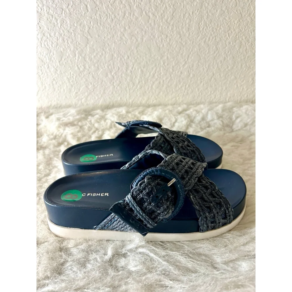NWOB Marc Fisher Welti Woven Blue Slip On Flat Footbed Sandals Women Size 8M - Picture 3 of 6